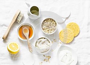 Natural moisturizing, nourishing, cleansing face mask - coconut oil, oatmeal, natural yogurt, vitamin E, honey, face brush, sponge