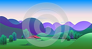 Natural morning landscape with green hills, trees, mountains and camping tent on meadow - vector illustration background