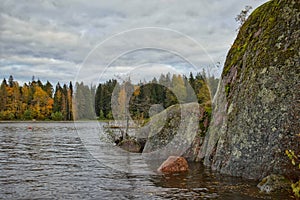 Natural museum-reserve "Park Monrepos" on the rocky shore of the Vyborg Bay in autumn, Leningrad region, Russia photo