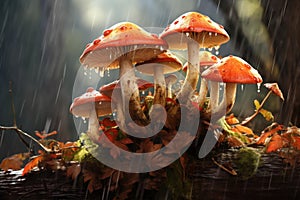 Natural Mushroom rain log. Generate Ai