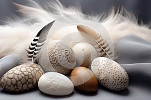 Natural nest with pebbles and feathers, Easter holiday decoration