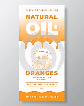 Natural Oil Abstract Vector Packaging Design or Label Template. Modern Typography, Gradient Drips and Hand Drawn Oranges