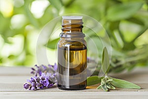 Natural oil bottle and lavender flowers on table, closeup. Cosmetic product