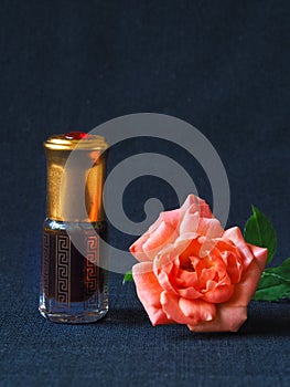 Natural oil for relaxation and bliss with rose. Traditional Arabic oud incense.