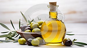 Natural olive oil in a glass bottle and black and green olives with leaves on a clay table, close up