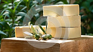 Natural Olive oil soap. Organic handmade soap bars with olive branch concept. Skin care products. Selective focus.