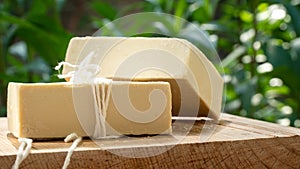 Natural Olive oil soap. Organic handmade soap bars with olive branch concept. Skin care products. Selective focus.