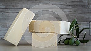 Natural Olive oil soap. Organic handmade soap bars with olive branch concept. Skin care products. Selective focus.