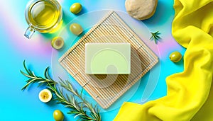 Natural olive soap with fresh rosemary on vibrant background