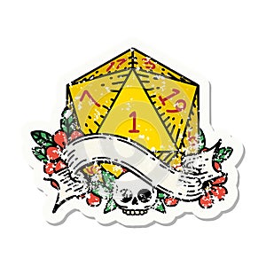 natural one d20 dice roll grunge sticker