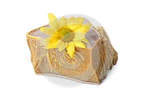 Natural organic beeswax block and flower isolated on white