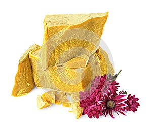 Natural organic beeswax blocks and flowers on white background