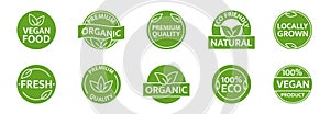 Natural, organic, bio product icon set. Healthy vegan food label. Eco friendly tag. Farm fresh, locally grown badges
