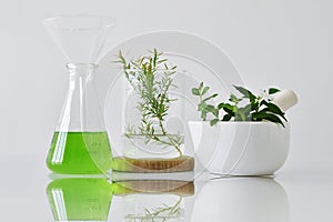 Natural organic botany and scientific glassware, Alternative herb medicine, Natural skin care cosmetic beauty products