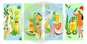 Natural organic cosmetics banners flayer, beauty, spa, wellness, nature products vector illustration. Cosmetical oils.