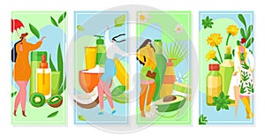 Natural organic cosmetics banners set, beauty, spa, wellness, nature products vector illustration. Cosmetical oils.