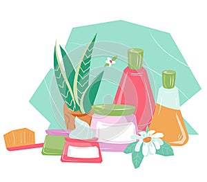 Natural organic cosmetics and skincare products, flat vector illustration isolated.