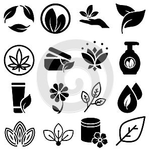 Natural and organic cosmetics vector icons set. Skincare, no synthetic fragrance and colors illustration symbol.