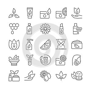 Natural and organic cosmetics vector line icons set