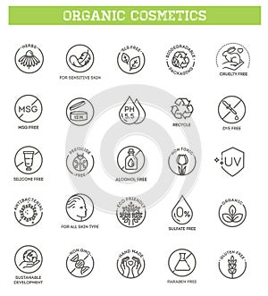 Natural organic cosmetics, vegan food symbols. Thin signs for packaging