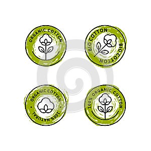 Natural Organic Cotton Liner labels and badges - Vector Round Icon - Sticker - Logo - Stamped - Tag Cotton Flower