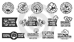 Natural organic cotton, pure cotton vector labels set. Hand drawn, typographic style icons or badges, stickers, signs
