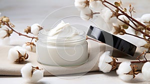 Natural organic eco cosmetics. Cream with extract of Cotton on a light background