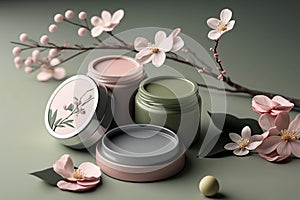 Natural organic eco cosmetics in open jars with blooming cherry flowers, beauty and SPA theme. Cosmetic containers with cream or