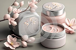 Natural organic eco cosmetics in open jars with blooming cherry flowers, beauty and SPA theme. Cosmetic containers with cream or