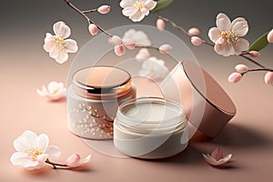 Natural organic eco cosmetics in open jars with blooming cherry flowers, beauty and SPA theme. Cosmetic containers with cream or