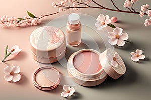 Natural organic eco cosmetics in open jars with blooming cherry flowers, beauty and SPA theme. Cosmetic containers with cream or