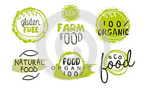 Natural Organic Food Green Labels Set, Eco Bio Products, Gluten Free Hand Drawn Badges, Emblems Vector Illustration