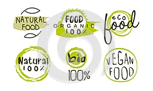 Natural Organic Food Green Labels Templates Set, Eco Bio Products Hand Drawn Badges, Emblems Vector Illustration