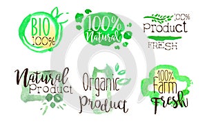 Natural Organic Food Labels Set, Bio Farm Product Badges Watercolor Hand Drawn Vector Illustration