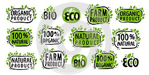 Natural, organic food symbol. Set of stickers, labels, tags. Eco, bio with leaves icon