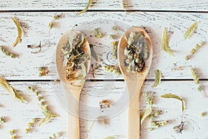 Natural organic herbal green tea in wooden spoons.