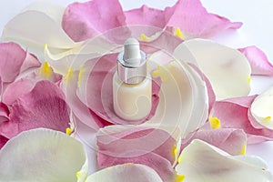 Natural organic homemade cosmetics concept. Skin care therapy, beauty products: containers with face serum among delicate rose