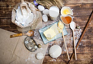 Natural organic ingredients to make cookies as dough, flour, eggs, butter,milk