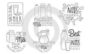 Natural Organic Milk Hand Drawn Retro Labels Set, Fresh Daily Product Monochrome Badges Vector Illustration