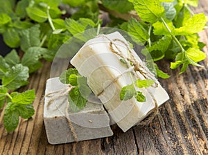 Natural organic mint soaps with mint leaves