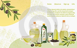 Natural organic olive oil concept landing page, extra virgin bottle butter cartoon vector illustration. Website online