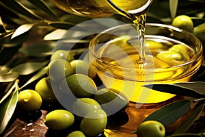 Natural organic olive oil is poured from a glass jug into a transparent bowl. Green olives and leaves on the background. Generated