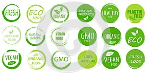 Natural and organic product tags, eco labels, symbols. Healthy food concept. Green tags. Vector illustration. EPS 10