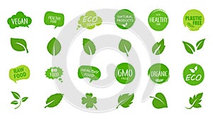 Natural and organic product tags, eco labels, symbols. Healthy food concept. Green tags. Vector illustration. EPS 10