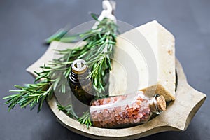 Natural organic skincare ingredients with rosemary essential oil , bath salt and natural soap