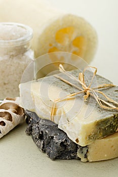 Natural organic soap with bath salt and loofah