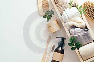 Natural organic SPA beauty products set and eco bags on white background. Sustainable lifestyle concept