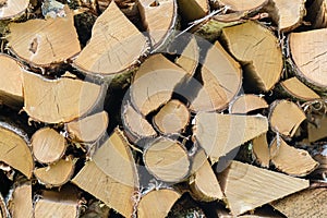 Natural organic wooden cut logs background - closeup of chopped firewood.