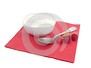 Natural organic yoghurt, yoghourt on red napkin with raspberries