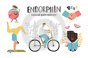 Natural pain reliever, endorphin hormone health colorful vector illustration